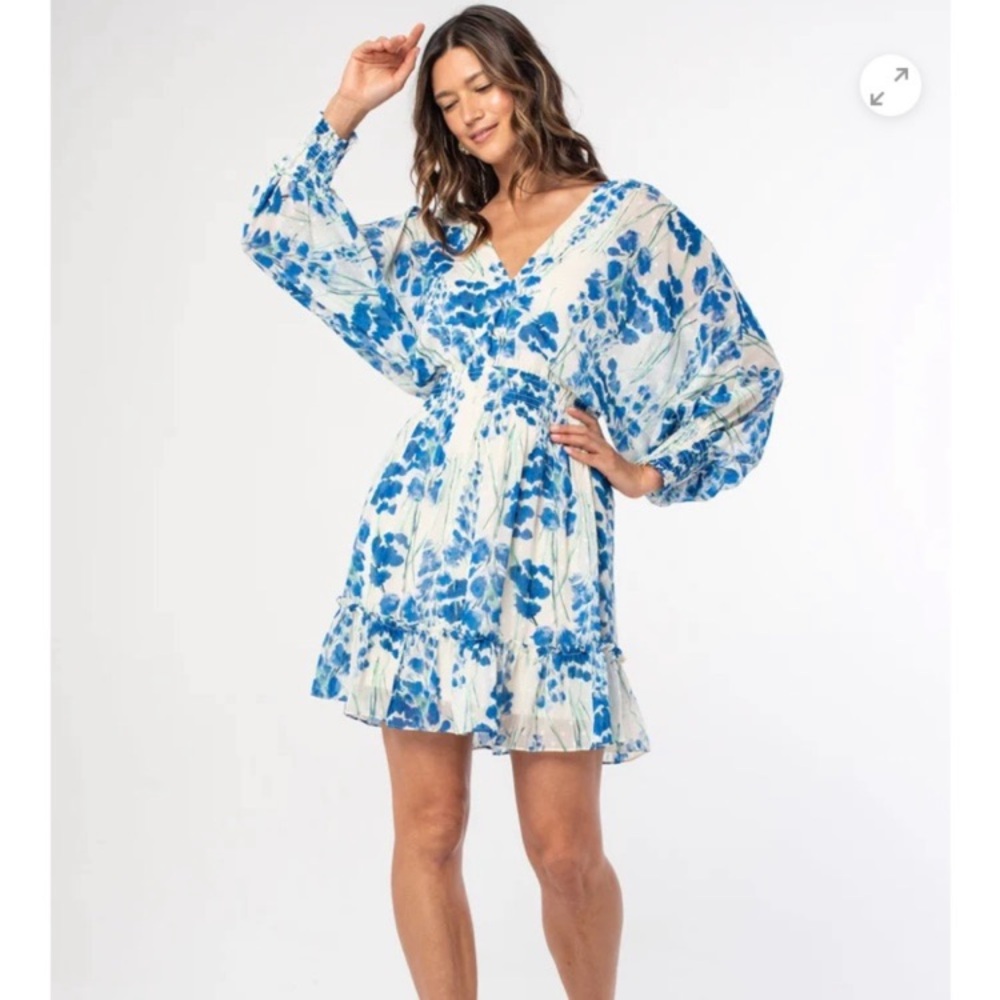 Love Stitch Blue and cream bohemian mini dress with gold dots
